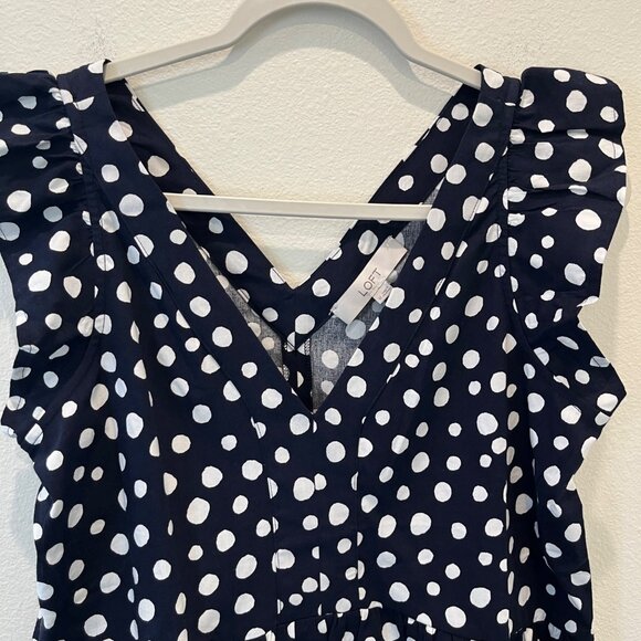 NWT Loft Navy Polka Dot Blouse Peplum Flutter Sleeves Women’s Top Size Medium - Picture 2 of 13